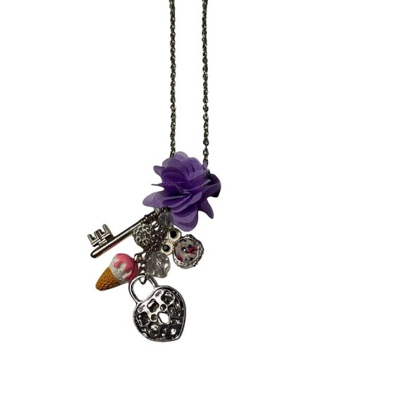 Tween Hypo Allergenic Fashion Key & Heart Necklace Charms Purple Flower - Picture 1 of 10